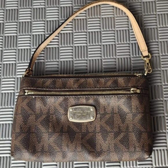 MICHAEL KORS BEAUTY HANDBAG clutch wristlet PATTERN LEATHER Gold BROWN - Picture 1 of 16
